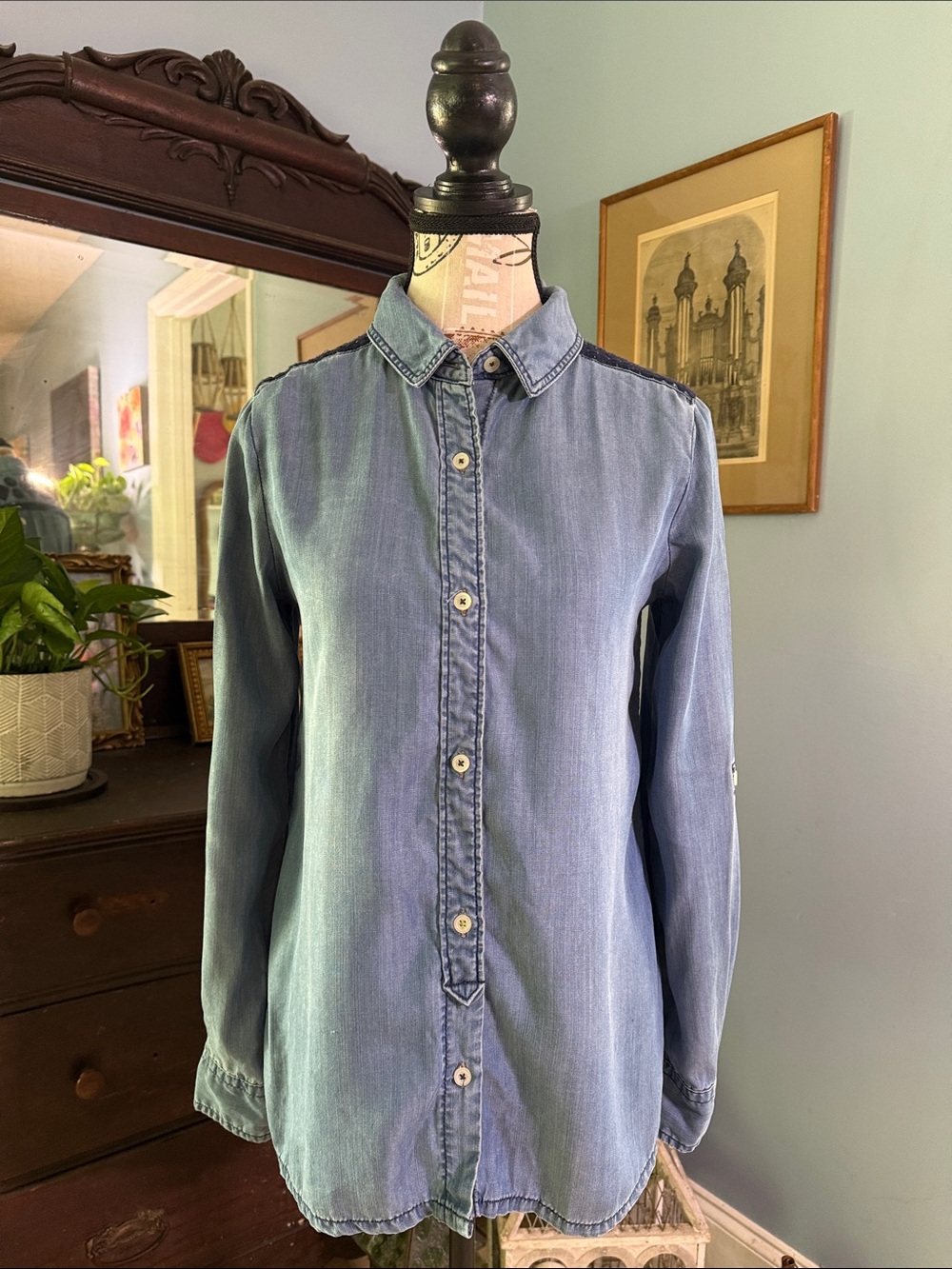 Holding Horses Anthropologie Chambray Blue Embroidered Button Down Shirt XS - Picture 2 of 15